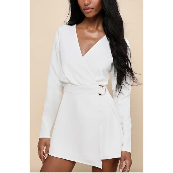 Lulus Pants - NWT Lulus Rooftop Bar White Long Sleeve Faux-Wrap Belted Skort Romper Size XS